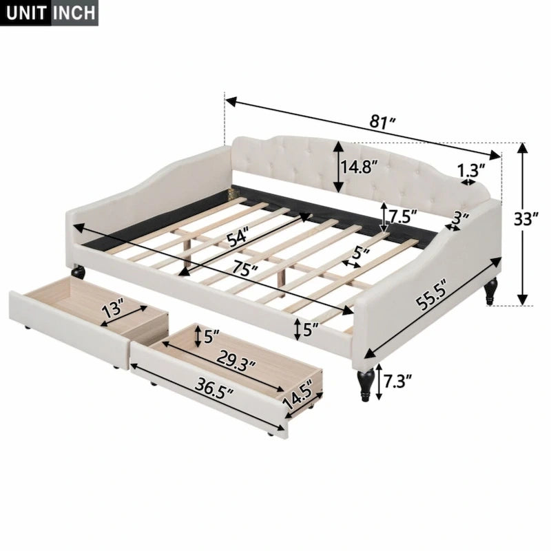 Lit de repos capitonné beige avec 2 tiroirs, taille double, 1 personne