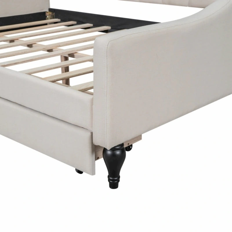 Lit de repos capitonné beige avec 2 tiroirs, taille double, 1 personne