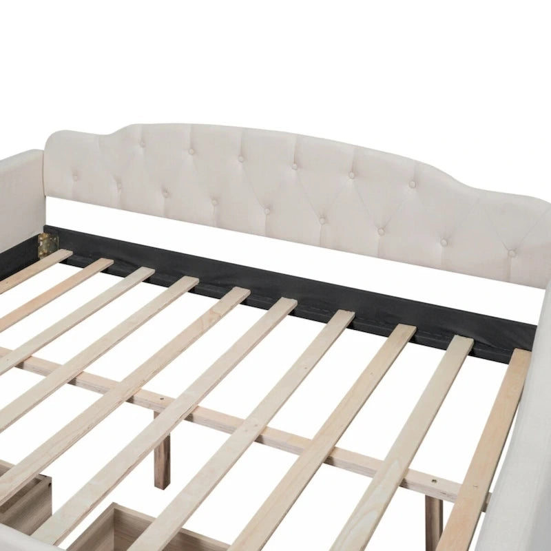 Lit de repos capitonné beige avec 2 tiroirs, taille double, 1 personne