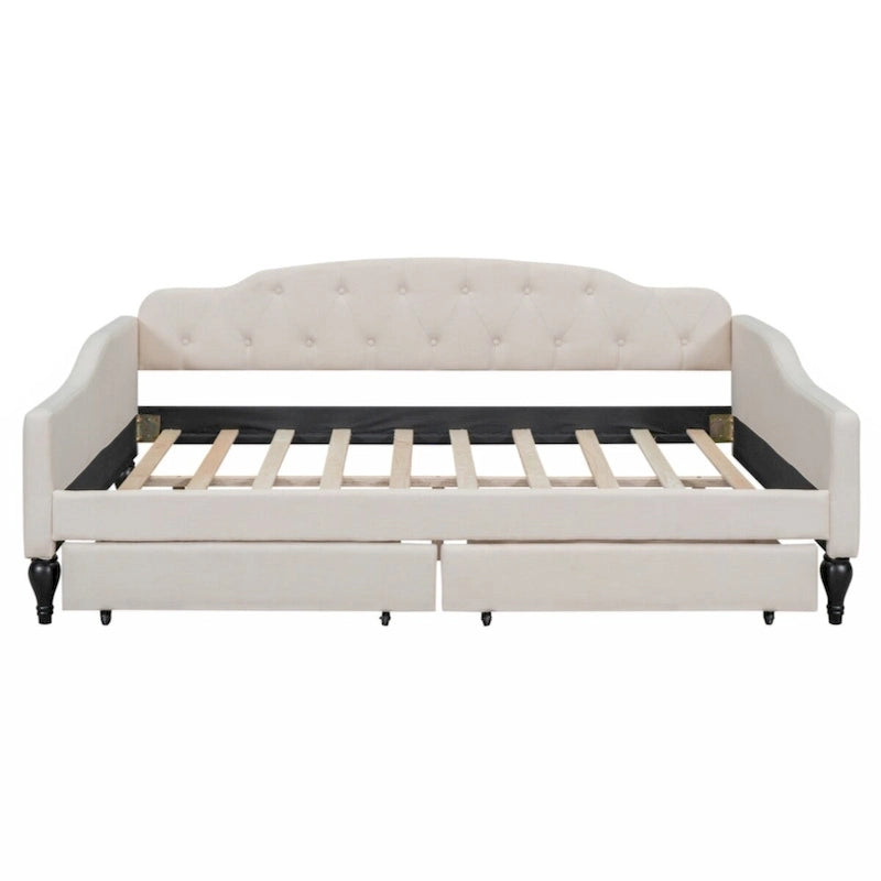 Lit de repos capitonné beige avec 2 tiroirs, taille double, 1 personne