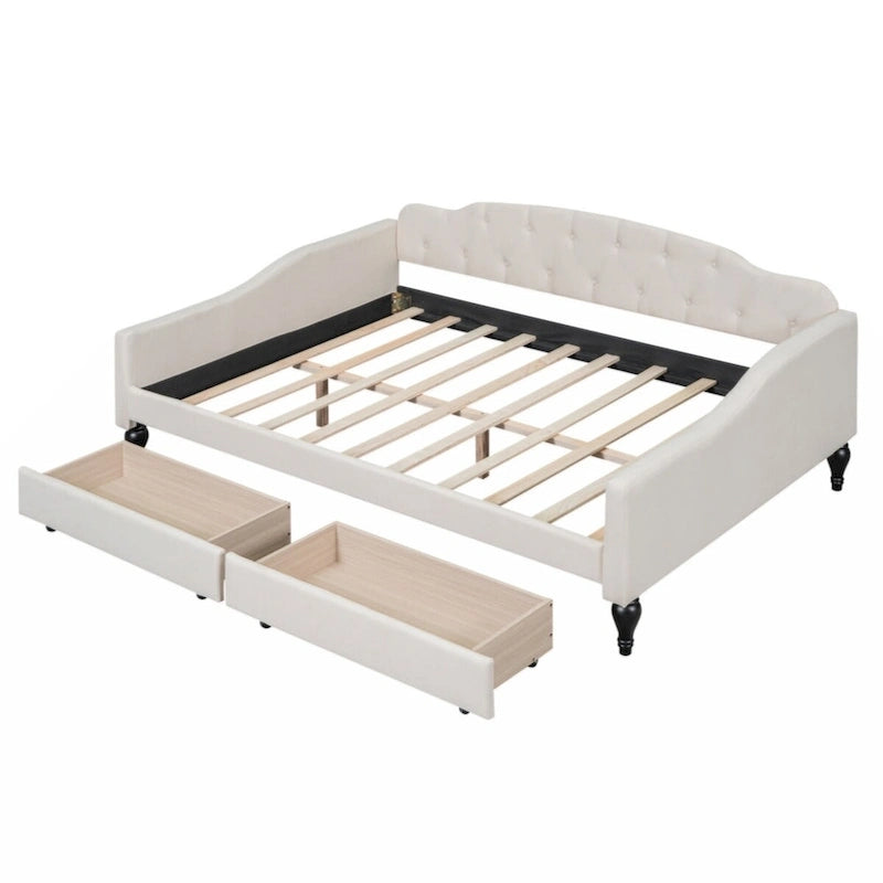 Lit de repos capitonné beige avec 2 tiroirs, taille double, 1 personne