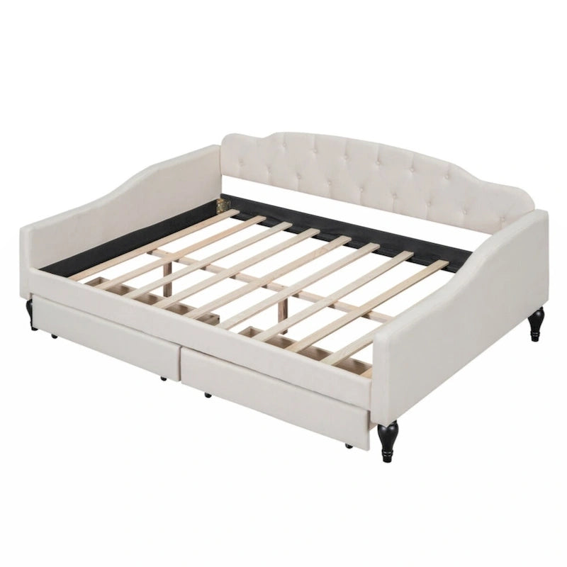 Lit de repos capitonné beige avec 2 tiroirs, taille double, 1 personne