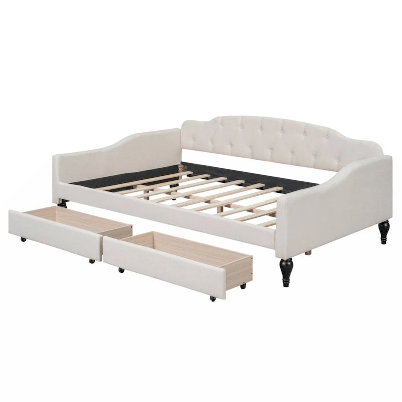 Lit de repos capitonné beige avec 2 tiroirs, taille double, 1 personne