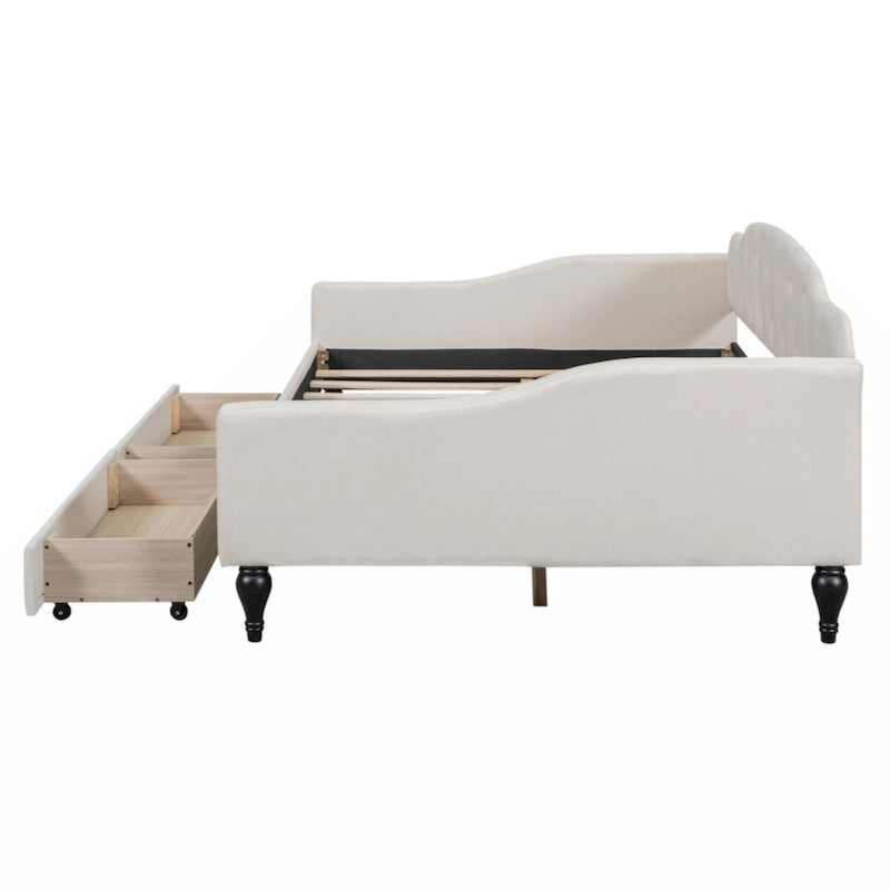 Lit de repos capitonné beige avec 2 tiroirs, taille double, 1 personne