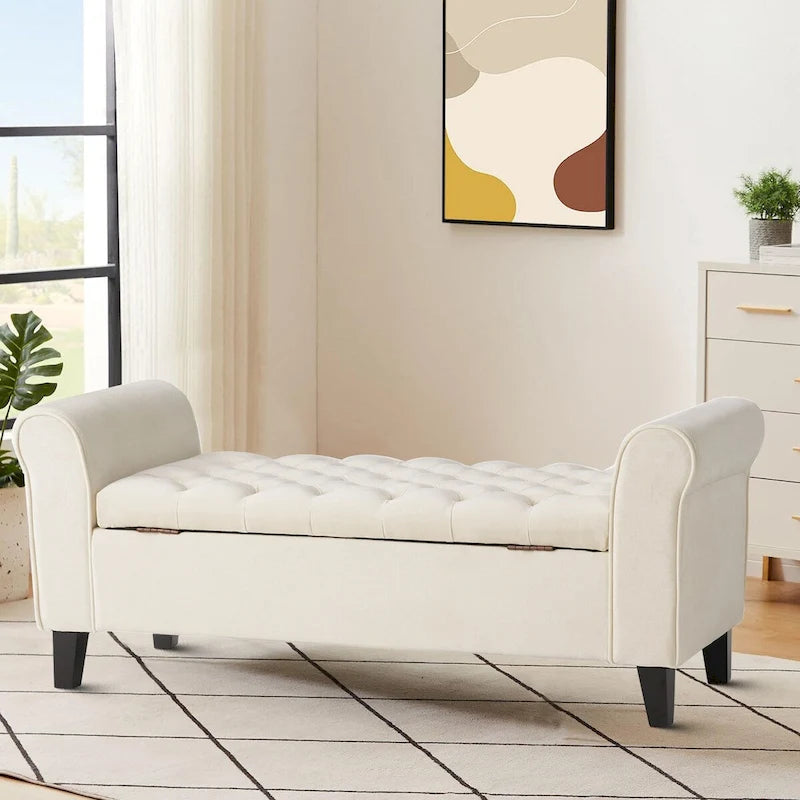 Banc de rangement capitonné avec accoudoirs arrondis et dessus relevable — Beige / Bleu clair / Gris clair / Gris foncé / Marron / Bleu marine, 1 place