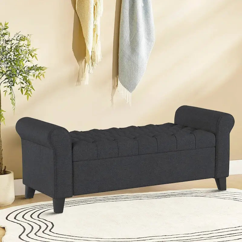 Banc de rangement capitonné avec accoudoirs arrondis et dessus relevable — Beige / Bleu clair / Gris clair / Gris foncé / Marron / Bleu marine, 1 place