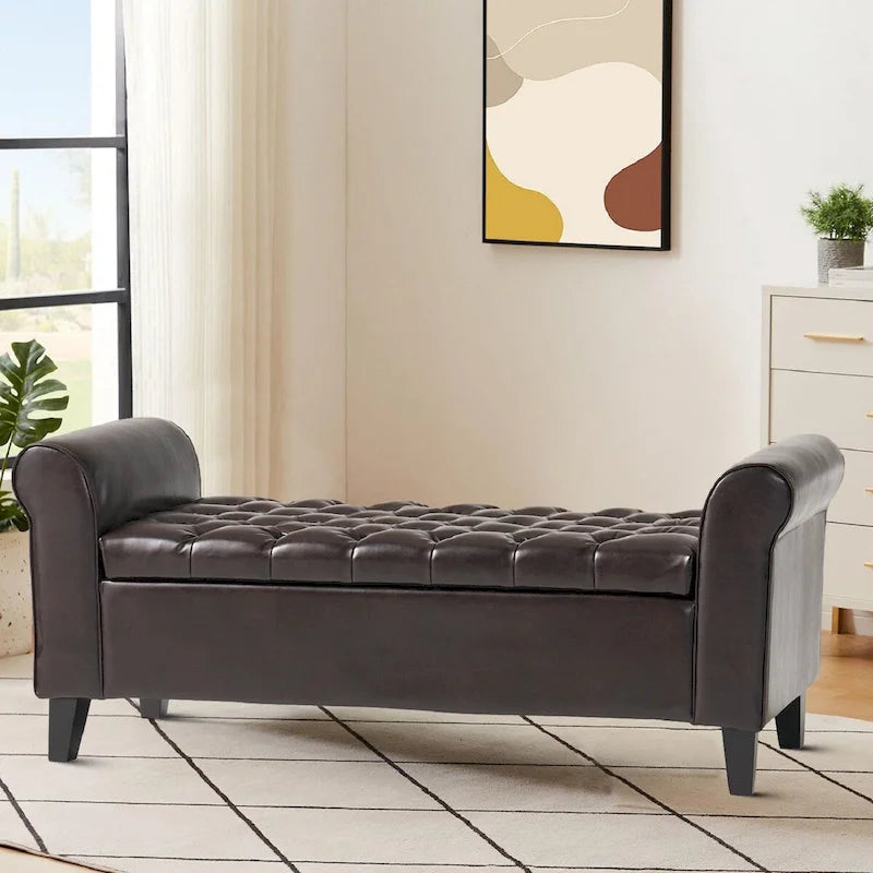 Banc de rangement capitonné avec accoudoirs arrondis et dessus relevable — Beige / Bleu clair / Gris clair / Gris foncé / Marron / Bleu marine, 1 place