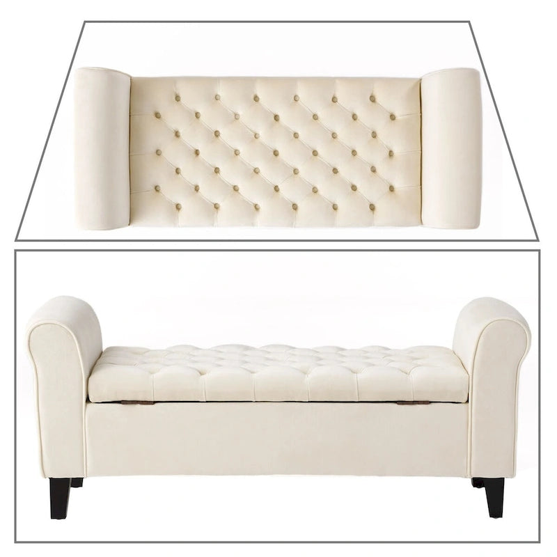 Banc de rangement capitonné avec accoudoirs arrondis et dessus relevable — Beige / Bleu clair / Gris clair / Gris foncé / Marron / Bleu marine, 1 place