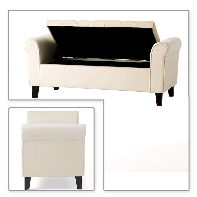 Banc de rangement capitonné avec accoudoirs arrondis et dessus relevable — Beige / Bleu clair / Gris clair / Gris foncé / Marron / Bleu marine, 1 place