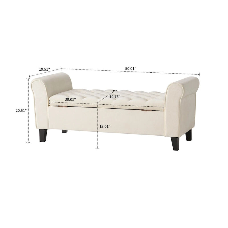 Banc de rangement capitonné avec accoudoirs arrondis et dessus relevable — Beige / Bleu clair / Gris clair / Gris foncé / Marron / Bleu marine, 1 place