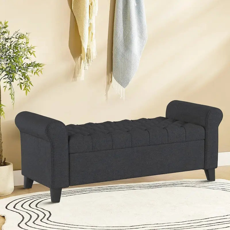 Banc de rangement capitonné avec accoudoirs arrondis et dessus relevable — Beige / Bleu clair / Gris clair / Gris foncé / Marron / Bleu marine, 1 place
