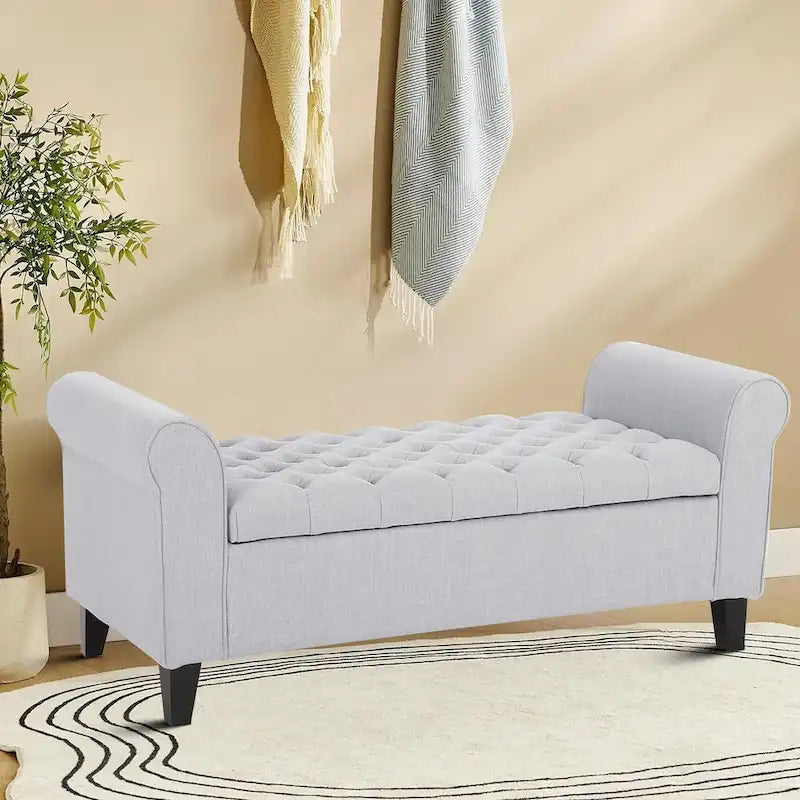 Banc de rangement capitonné avec accoudoirs arrondis et dessus relevable — Beige / Bleu clair / Gris clair / Gris foncé / Marron / Bleu marine, 1 place