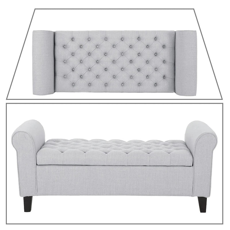 Banc de rangement capitonné avec accoudoirs arrondis et dessus relevable — Beige / Bleu clair / Gris clair / Gris foncé / Marron / Bleu marine, 1 place