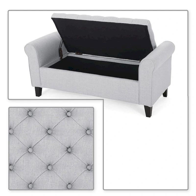 Banc de rangement capitonné avec accoudoirs arrondis et dessus relevable — Beige / Bleu clair / Gris clair / Gris foncé / Marron / Bleu marine, 1 place