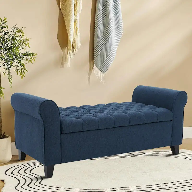 Banc de rangement capitonné avec accoudoirs arrondis et dessus relevable — Beige / Bleu clair / Gris clair / Gris foncé / Marron / Bleu marine, 1 place
