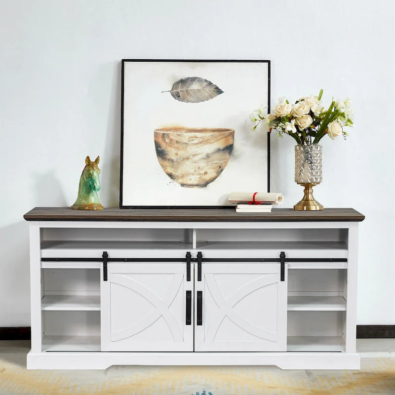 Meuble TV blanc avec portes coulissantes façon grange, 173 cm, convient aux téléviseurs jusqu'à 198 cm
