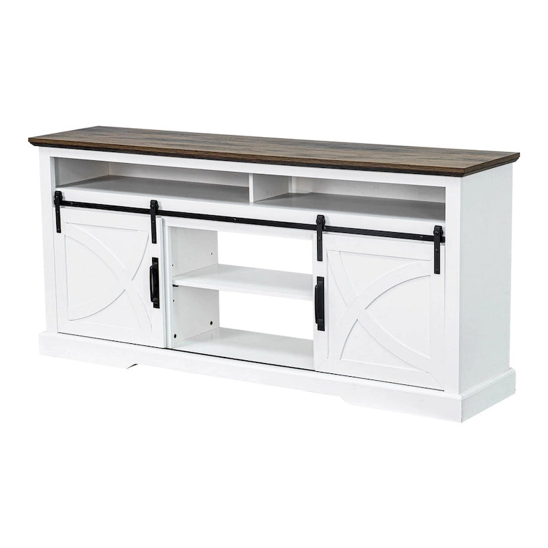 Meuble TV blanc avec portes coulissantes façon grange, 173 cm, convient aux téléviseurs jusqu'à 198 cm