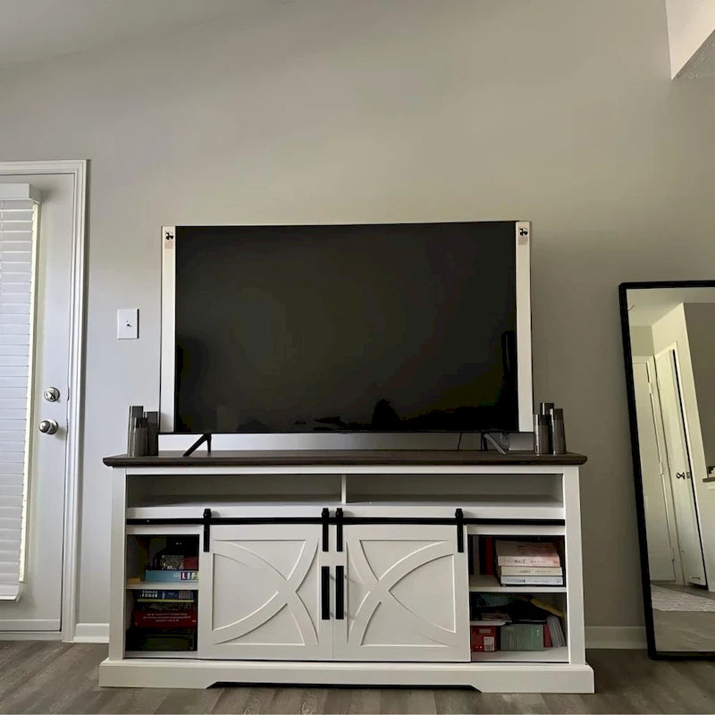 Meuble TV blanc avec portes coulissantes façon grange, 173 cm, convient aux téléviseurs jusqu'à 198 cm