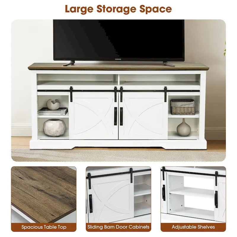 Meuble TV blanc avec portes coulissantes façon grange, 173 cm, convient aux téléviseurs jusqu'à 198 cm