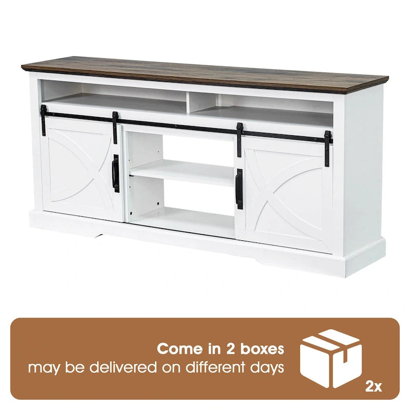 Meuble TV blanc avec portes coulissantes façon grange, 173 cm, convient aux téléviseurs jusqu'à 198 cm