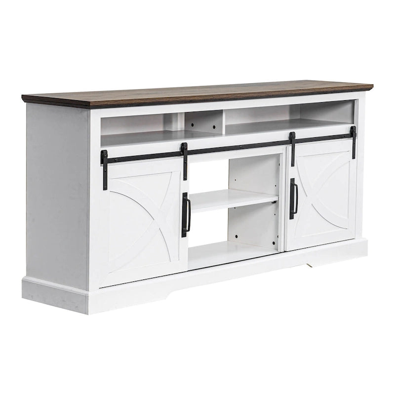 Meuble TV blanc avec portes coulissantes façon grange, 173 cm, convient aux téléviseurs jusqu'à 198 cm