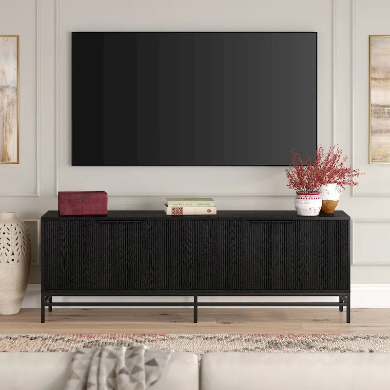 Meuble TV 178 cm pour TV jusqu'à 78", Aulne Blanc / Grain Noir / Blanc, Porte Cannelée
