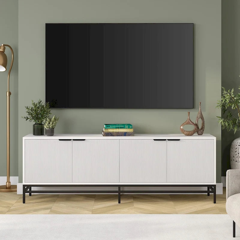 Meuble TV 178 cm pour TV jusqu'à 78", Aulne Blanc / Grain Noir / Blanc, Porte Cannelée