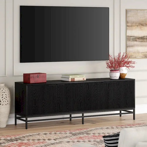 Meuble TV 178 cm pour TV jusqu'à 78", Aulne Blanc / Grain Noir / Blanc, Porte Cannelée