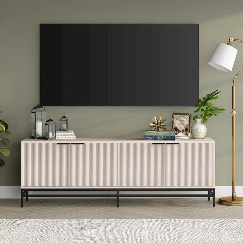 Meuble TV 178 cm pour TV jusqu'à 78", Aulne Blanc / Grain Noir / Blanc, Porte Cannelée