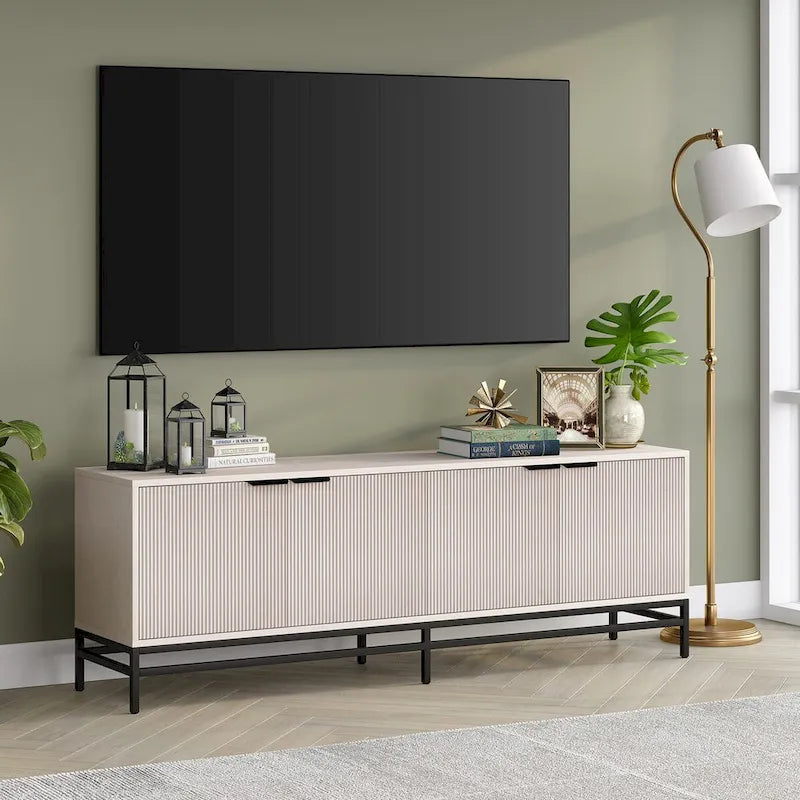 Meuble TV 178 cm pour TV jusqu'à 78", Aulne Blanc / Grain Noir / Blanc, Porte Cannelée