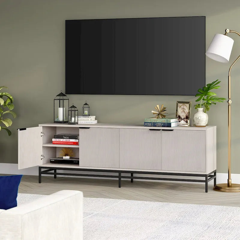 Meuble TV 178 cm pour TV jusqu'à 78", Aulne Blanc / Grain Noir / Blanc, Porte Cannelée