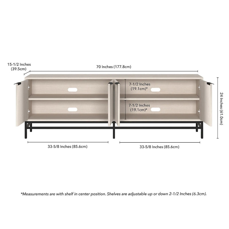 Meuble TV 178 cm pour TV jusqu'à 78", Aulne Blanc / Grain Noir / Blanc, Porte Cannelée