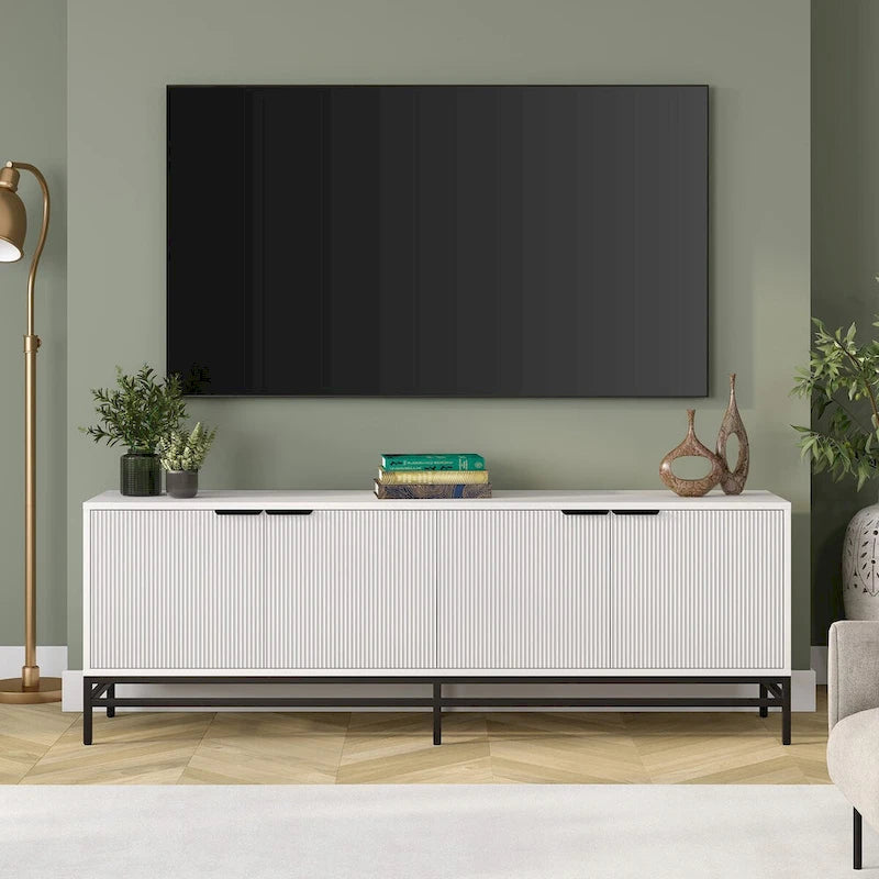 Meuble TV 178 cm pour TV jusqu'à 78", Aulne Blanc / Grain Noir / Blanc, Porte Cannelée