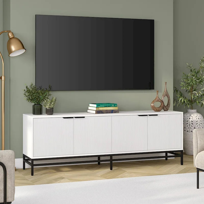 Meuble TV 178 cm pour TV jusqu'à 78", Aulne Blanc / Grain Noir / Blanc, Porte Cannelée
