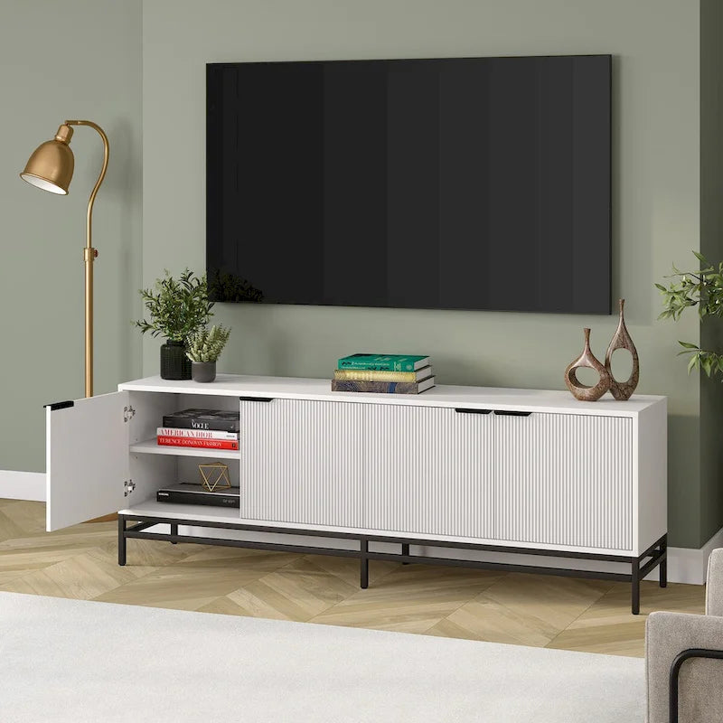 Meuble TV 178 cm pour TV jusqu'à 78", Aulne Blanc / Grain Noir / Blanc, Porte Cannelée