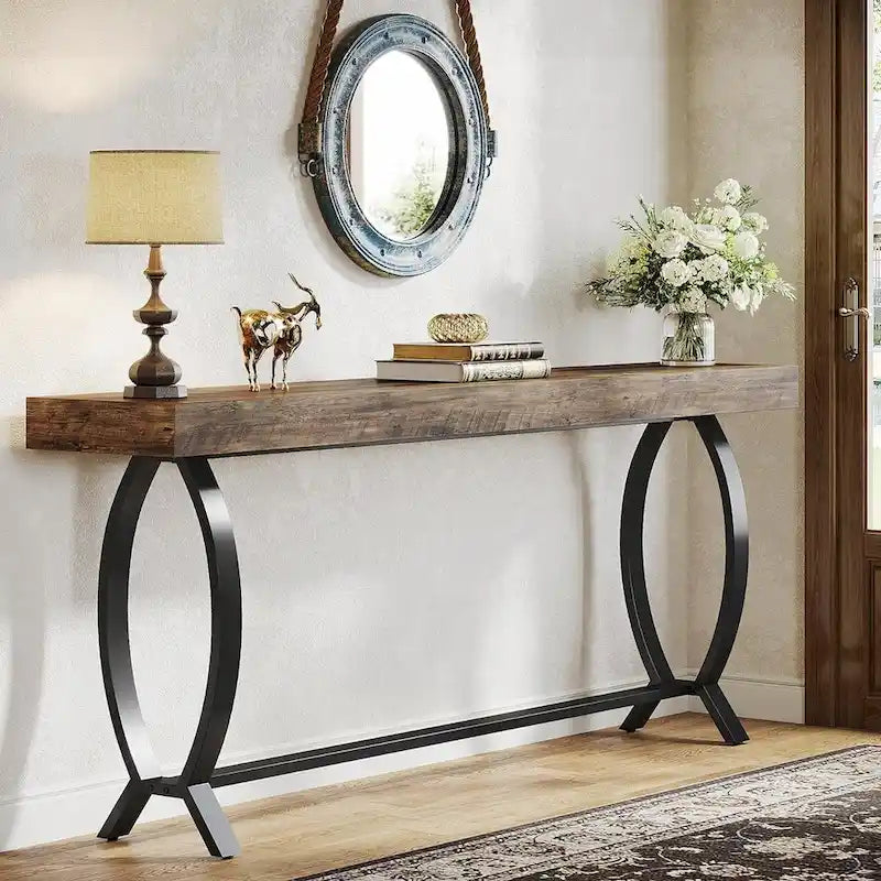 Console en bois marron et noir, plateau en bois, pieds en métal, assemblage par 1 personne