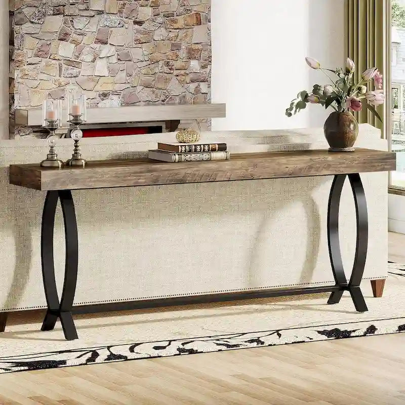 Console en bois marron et noir, plateau en bois, pieds en métal, assemblage par 1 personne