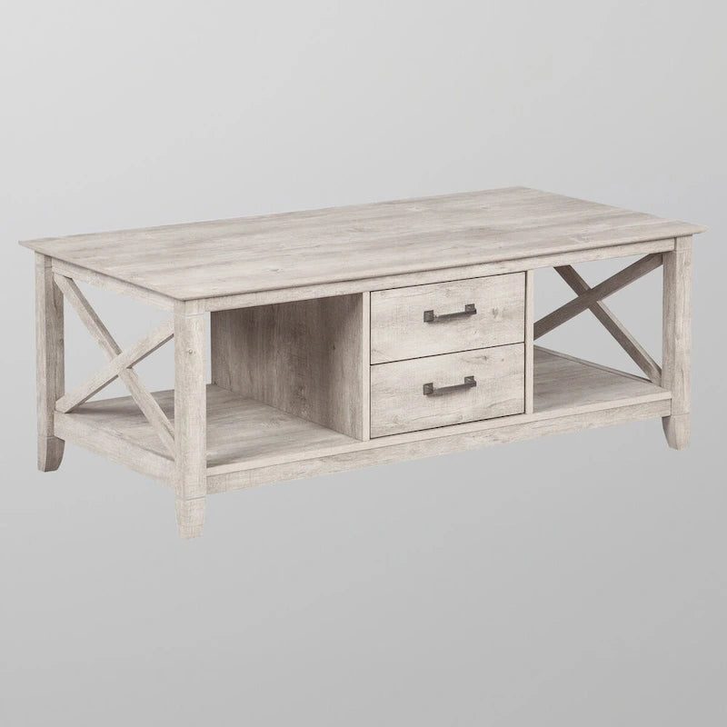 Table basse de ferme gris délavé avec 2 tiroirs