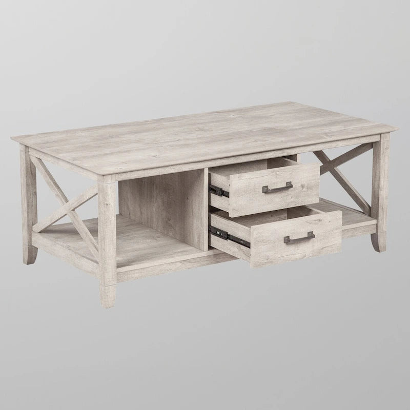 Table basse de ferme gris délavé avec 2 tiroirs