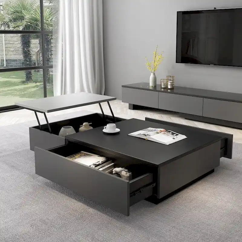 Table basse relevable noire et grise avec 3 tiroirs