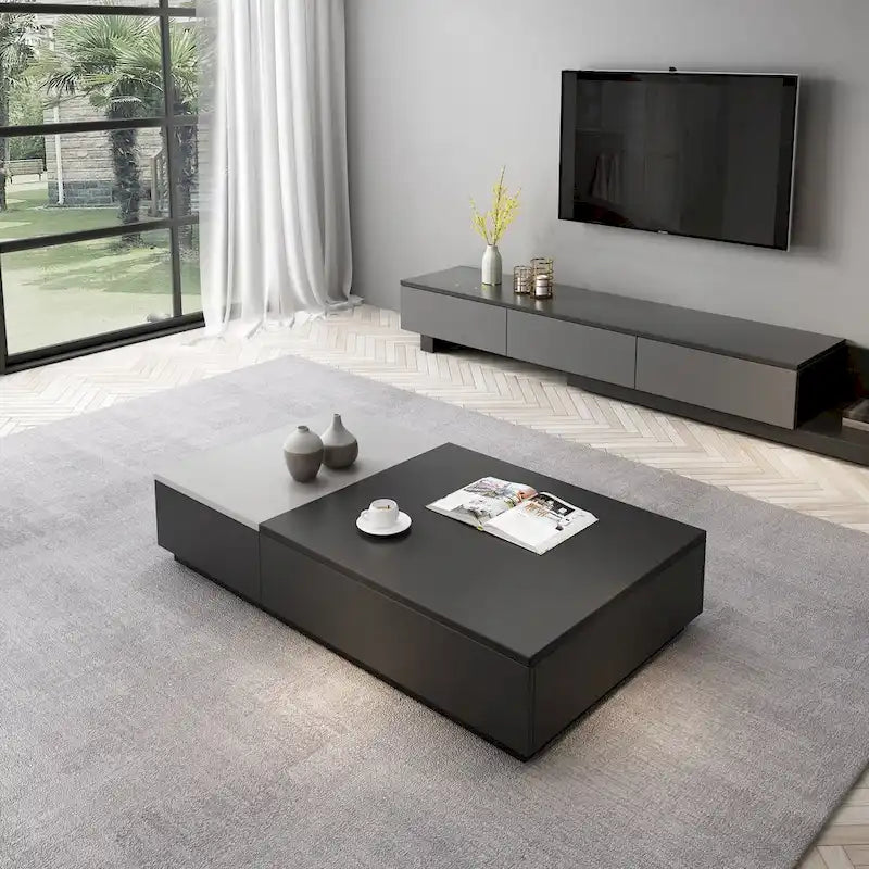 Table basse relevable noire et grise avec 3 tiroirs