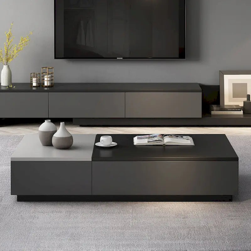 Table basse relevable noire et grise avec 3 tiroirs