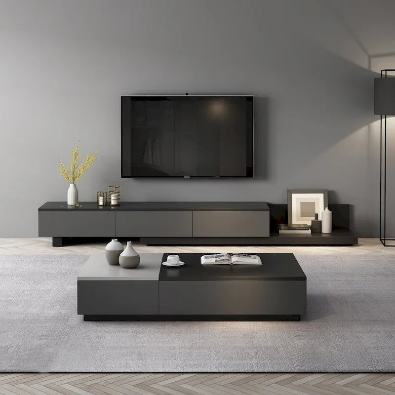 Table basse relevable noire et grise avec 3 tiroirs