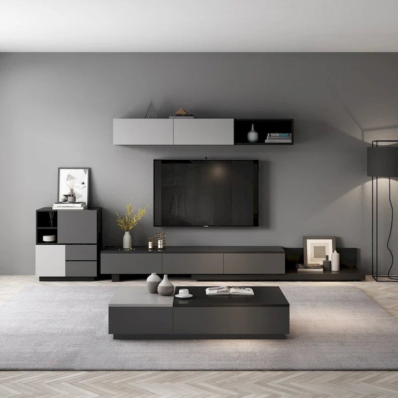 Table basse relevable noire et grise avec 3 tiroirs