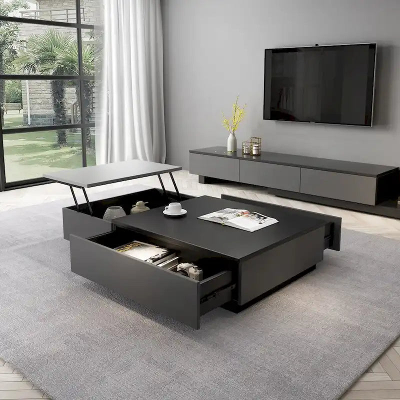 Table basse relevable noire et grise avec 3 tiroirs
