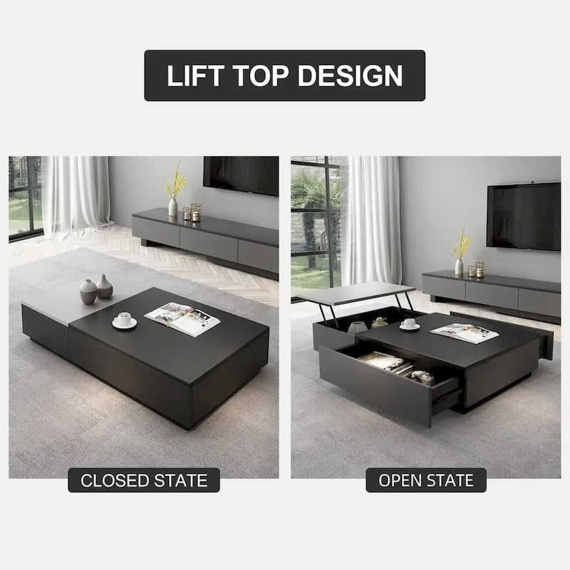 Table basse relevable noire et grise avec 3 tiroirs