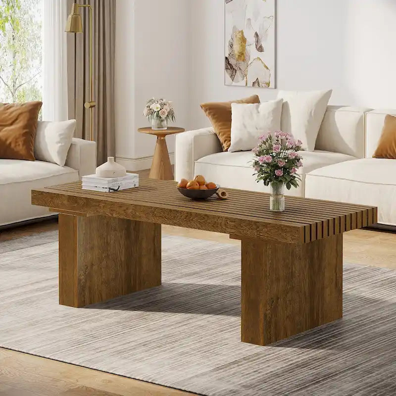 Table basse rectangulaire marron, 120 cm, plateau à lattes, pour 1 à 4 personnes