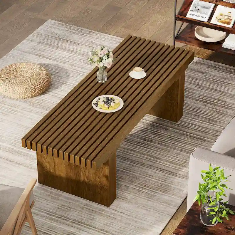 Table basse rectangulaire marron, 120 cm, plateau à lattes, pour 1 à 4 personnes