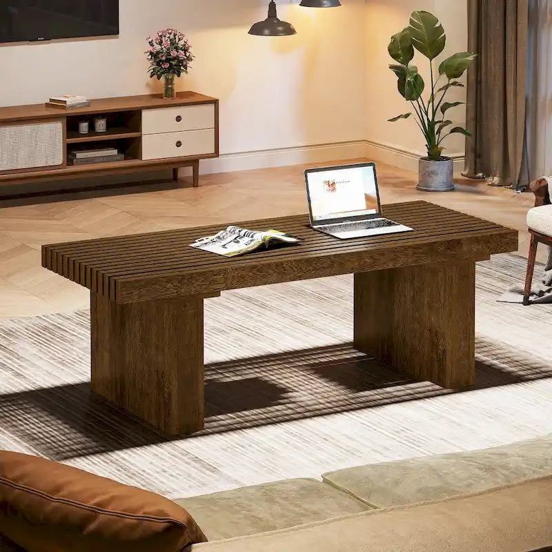 Table basse rectangulaire marron, 120 cm, plateau à lattes, pour 1 à 4 personnes