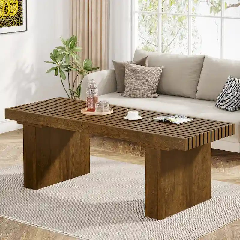 Table basse rectangulaire marron, 120 cm, plateau à lattes, pour 1 à 4 personnes